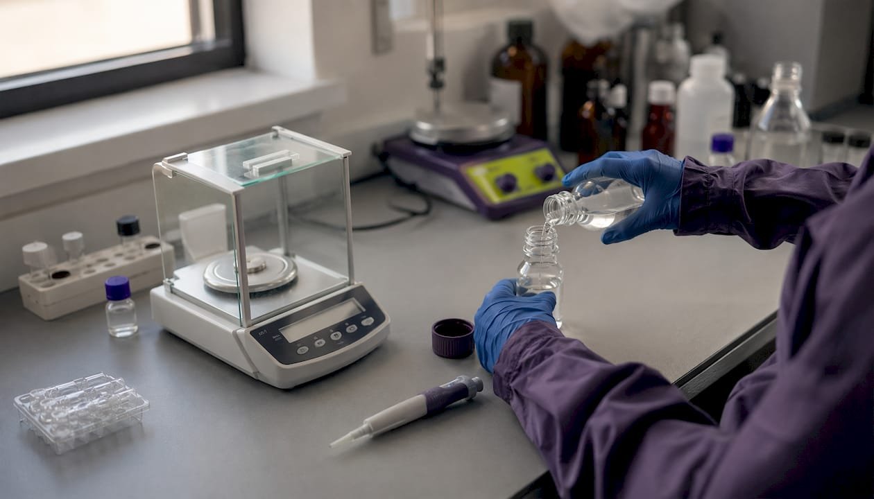 Hände bei der Vorbereitung von Proben mit Glasgefäßen im Labor