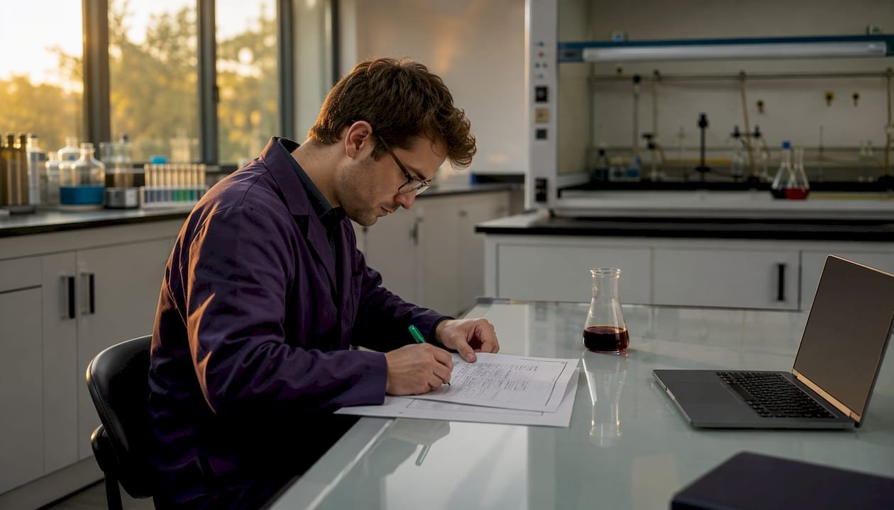 Ein Wissenschaftler untersucht im Labor Zollpapiere auf ihre Richtigkeit.